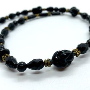 VINTAGE CZECH GLASS BEAD CHOKER COLLAR NECKLACE BLACK MOLDED BRASS FLOWERS 16”